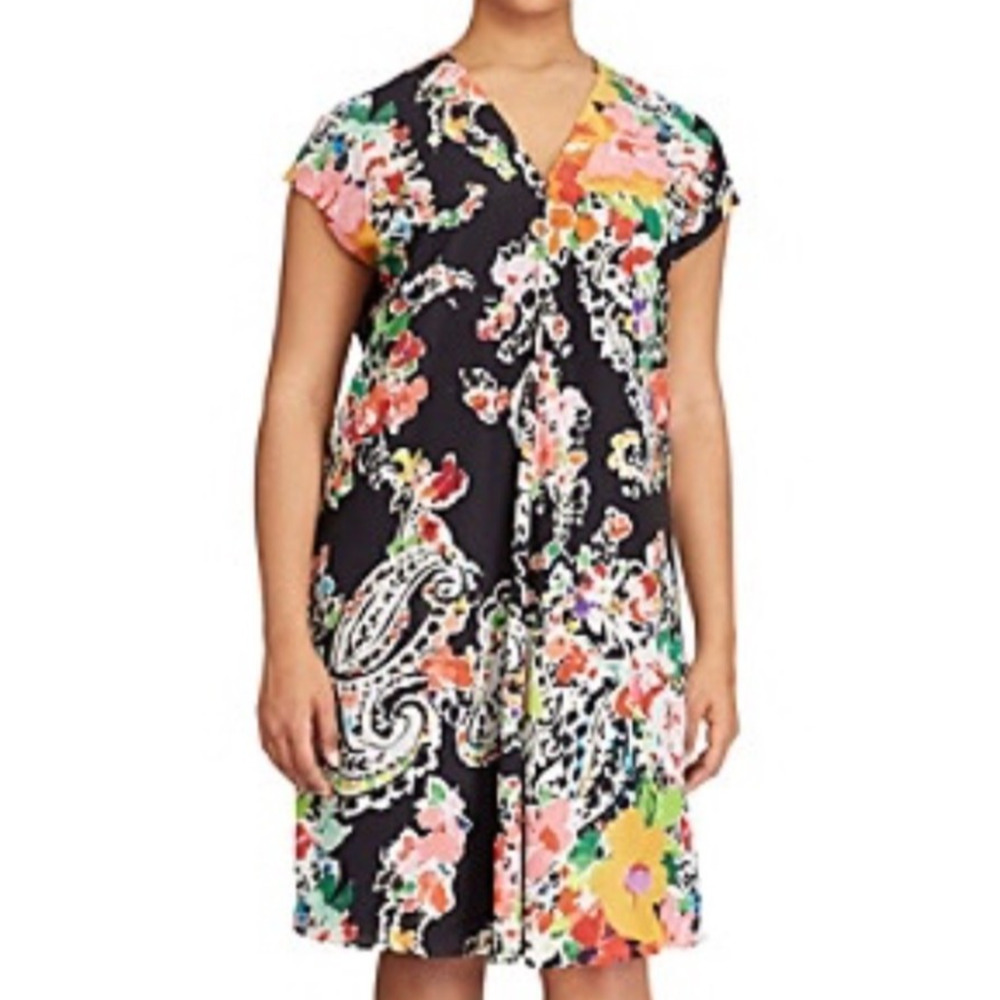 Ralph Lauren Shift Dress 4 Black‎ Floral Paisley V-Neck Cap Sleeve Boho Tropical
